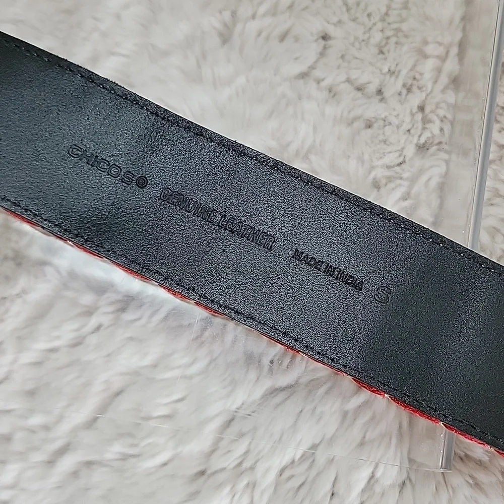 CHICO'S Black Leather Belt Woven with Sequins szS Bin7